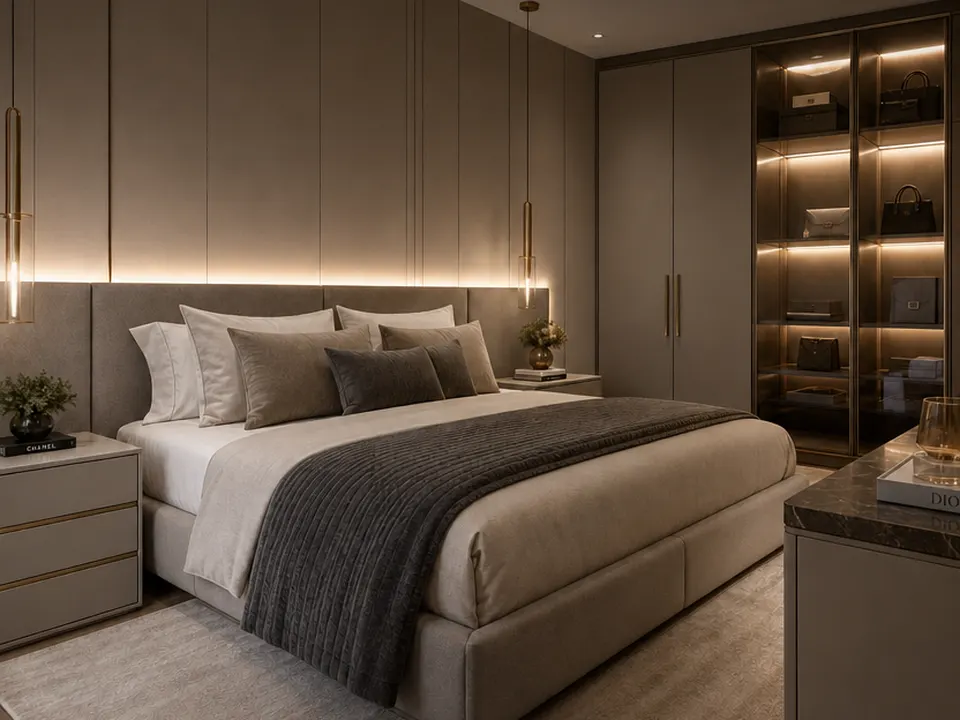 Dormitório planejado com cabeceira estofada, iluminação embutida e closet com nichos iluminados