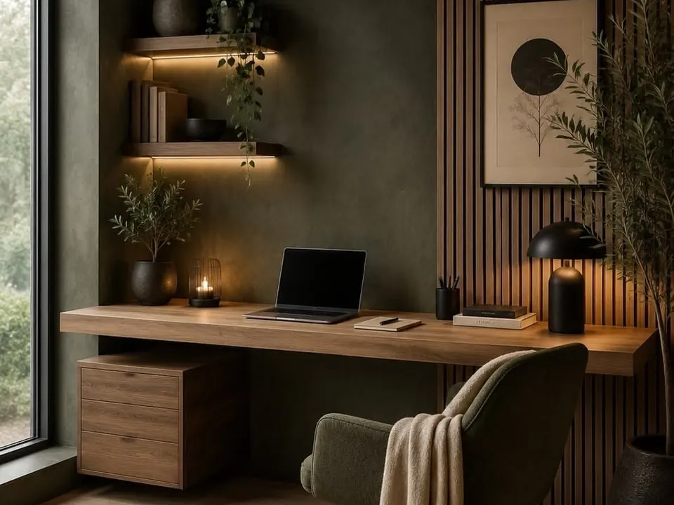 Home office planejado com bancada em madeira, gaveteiro e prateleiras com iluminação