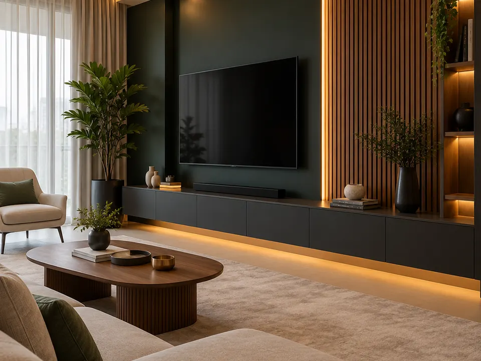 Sala com painel de TV planejado, rack suspenso com luz embutida e ripado em madeira