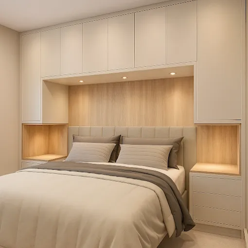 Dormitório planejado com armário sobre a cama, cabeceira em madeira e nichos iluminados